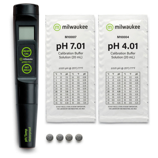 Milwaukee pH56 pH Meter with pH buffer solution packets.