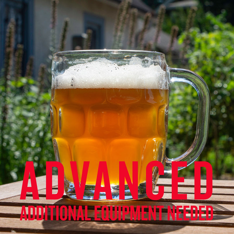 Root Shoot Helles Bock in a glass with advanced additional equipment needed warning text.